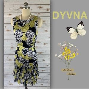 DYVNA Yellow Black Chacha Ruffle Floral Silk Dress